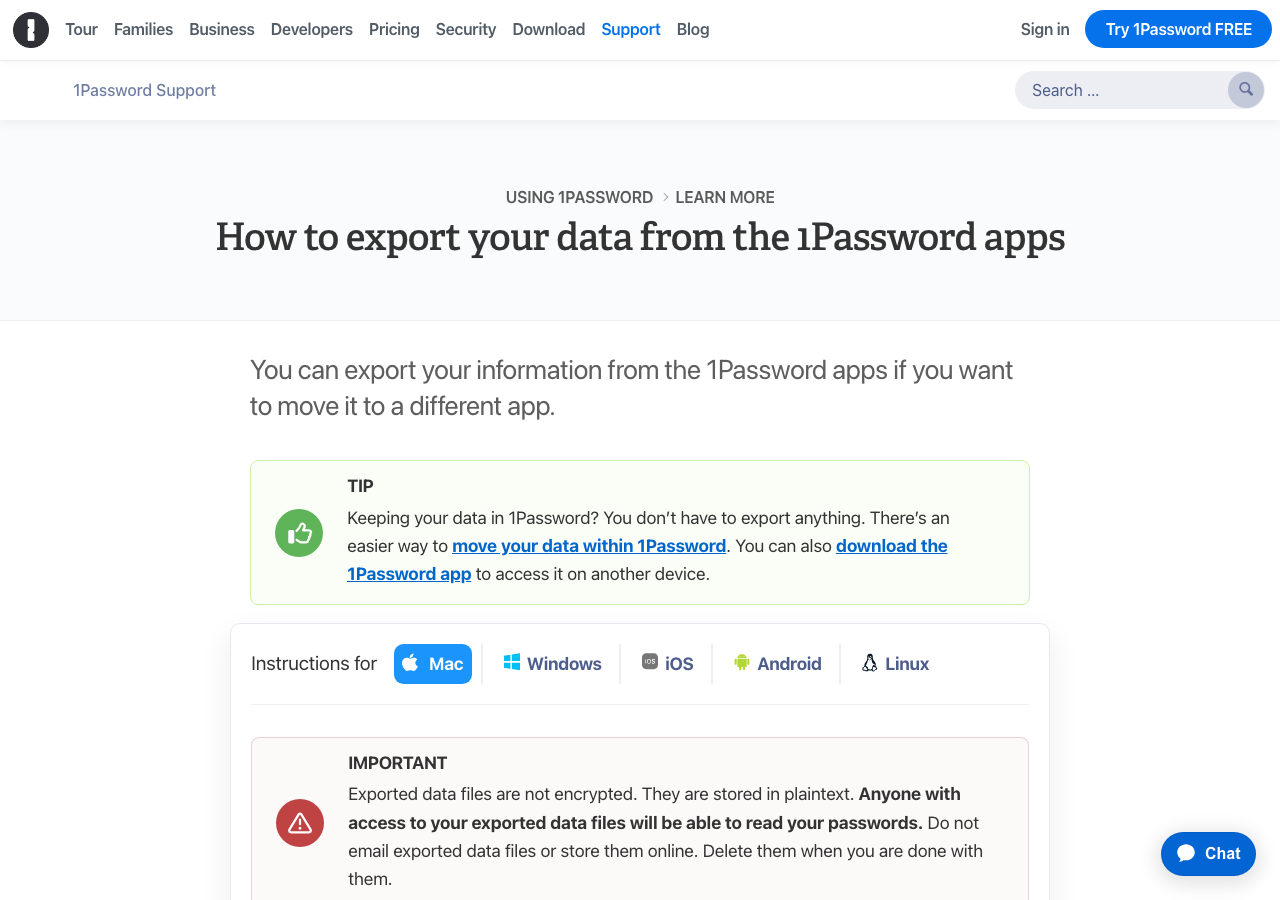 1Password公式サポートページのエクスポート手順（2026年6月確認）