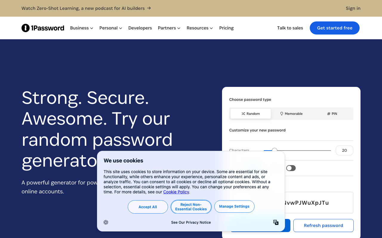 1Passwordパスワードジェネレーター公式ページ（2026年6月撮影）