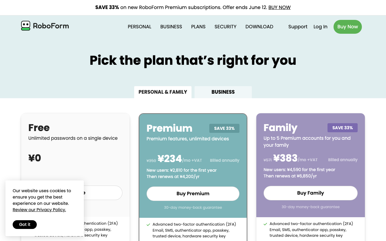 RoboFormの料金ページ（2026年6月12日時点） — pricing-personal